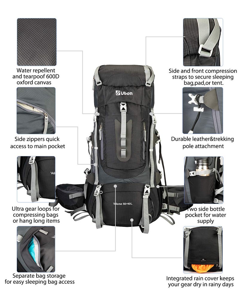 Ubon 60L Camping Backpack Lightweight Internal Frame Hiking Backpack Black - Image 5